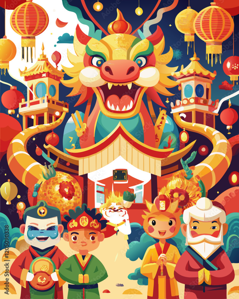 AI Generated Chinese New Year celebration featuring dragon dancers, lanterns, and vibrant fireworks in a festive scene. AI Generated Chinese New Year celebration featuring dragon dancers, lanterns, and vibrant fireworks in a festive scene.