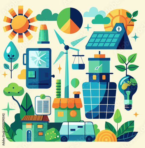 AI Generated eco-friendly icon set for renewable energy, featuring solar panels, wind turbines, and water energy sources