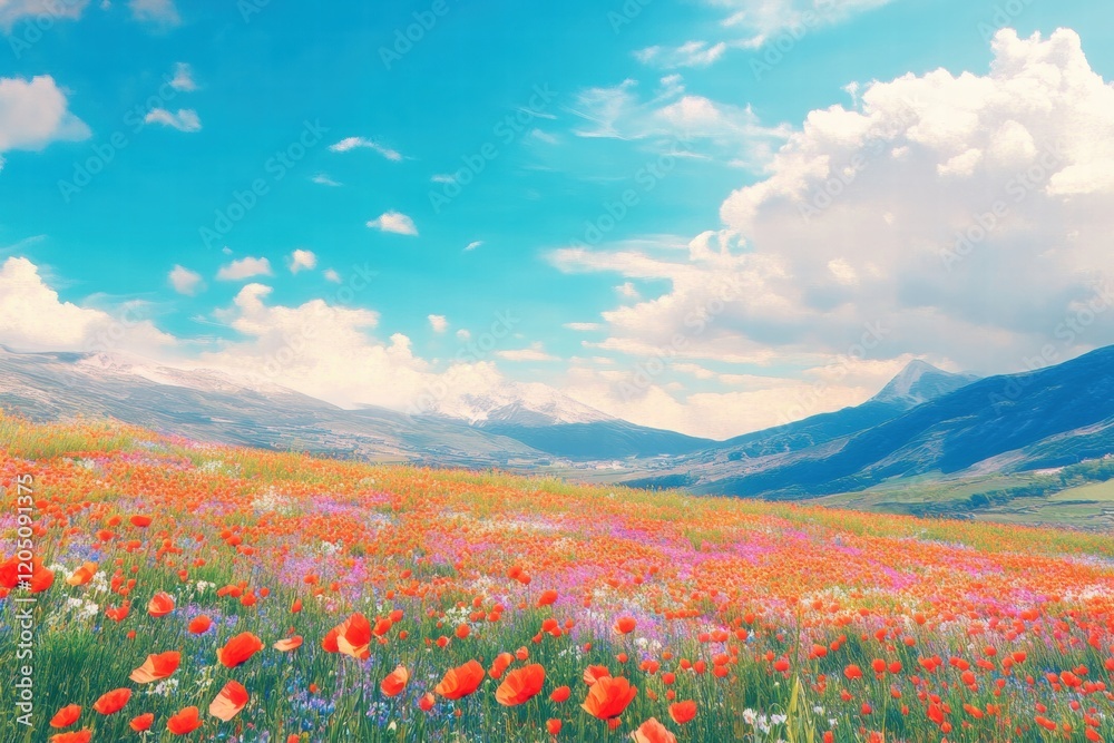 Vibrant wildflower meadow showcases a colorful display under a bright blue sky with fluffy white clouds. Generative AI Vibrant wildflower meadow showcases a colorful display under a bright blue sky with fluffy white clouds. Generative AI