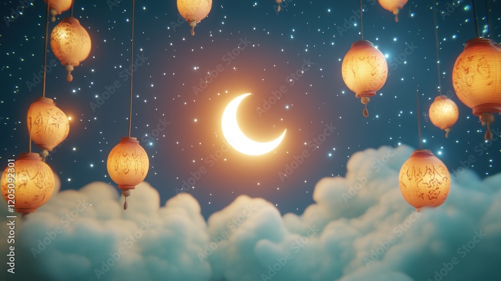 Fototapeta premium Illuminated Lanterns Hanging Above Clouds Under Crescent Moon