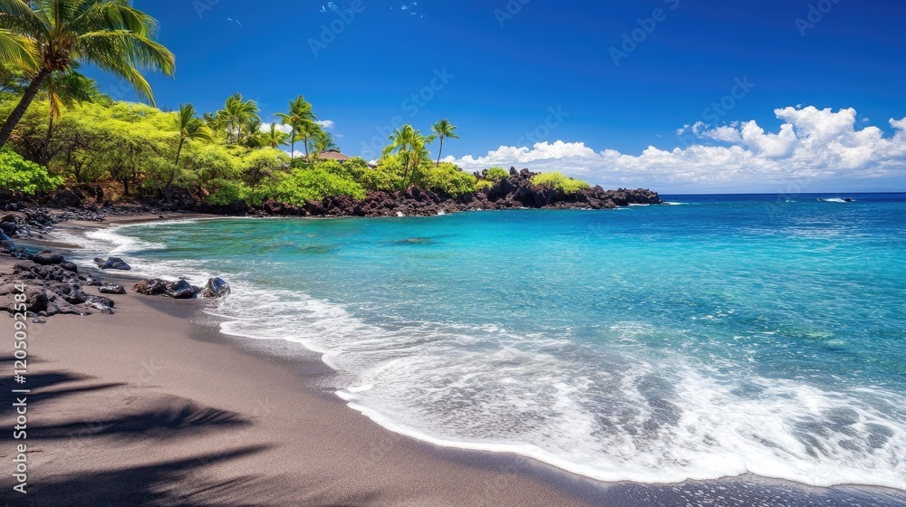 Black Sand Beach Paradise Tropical Coastline Scene Black Sand Beach Paradise Tropical Coastline Scene