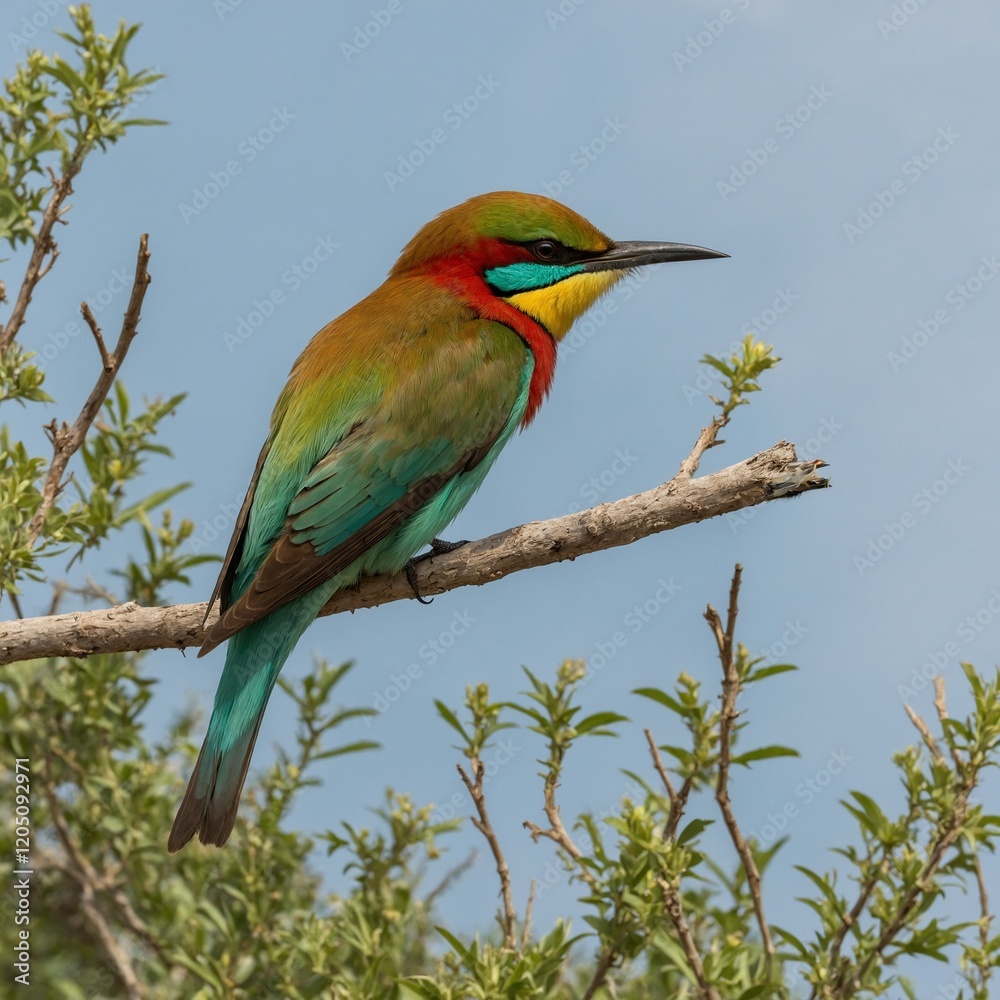 Obraz premium A brightly colored bee-eater on a small branch, side-view, high-quality DSLR capture, blurred soft sky, full body visible.