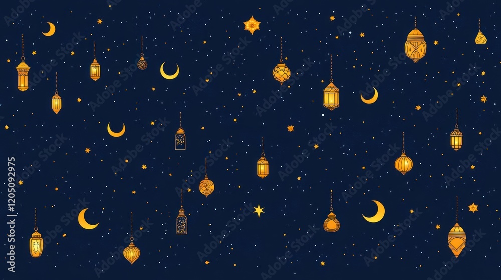 Festive Ramadan Night Sky Lanterns and Moons Festive Ramadan Night Sky Lanterns and Moons