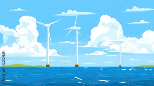 Wind turbines standing tall in a serene ocean landscape under a bright blue sky photo