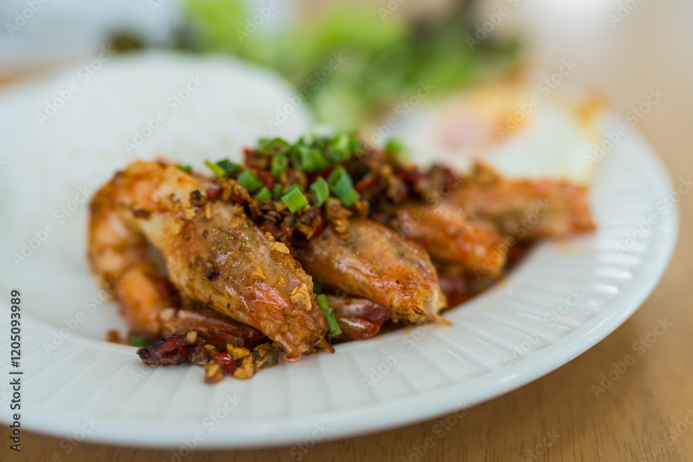 Stir fried shrimp with garlic and chili served together with steamed rice and find egg on white plate Stir fried shrimp with garlic and chili served together with steamed rice and find egg on white plate