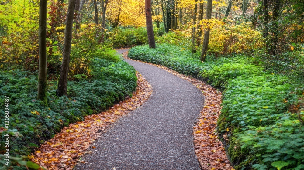 Autumn Path Winding Through Lush Woodland Autumn Path Winding Through Lush Woodland