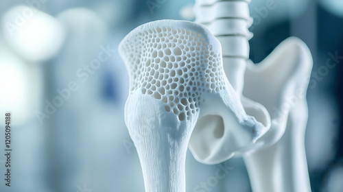 A detailed close-up of a human hip joint model showcasing its porous structure, emphasizing its anatomical features and intricate design.