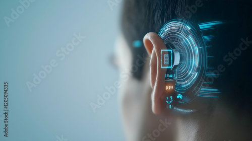 The image depicts a person's ear with a digital interface, suggesting advanced technology related to hearing or communication.