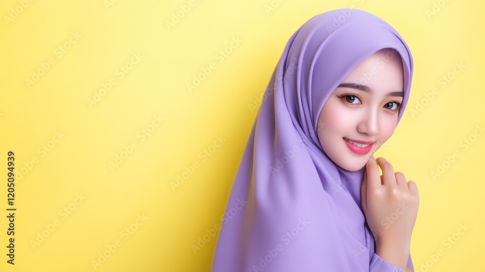 A Young Woman Wearing A Lavender Hijab Against A Yellow Background A Young Woman Wearing A Lavender Hijab Against A Yellow Background