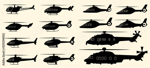 Silhouettes of various helicopter designs showcasing different models and rotor configurations on a plain background.