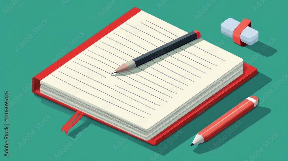 Red Notebook Pencils And Eraser On Green Background