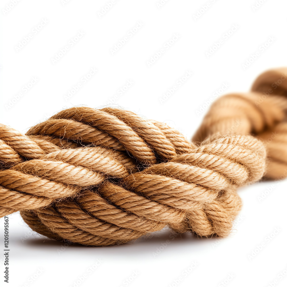 Close-up of a tightly tied knot in a strong, natural fiber rope, showcasing its texture and craftsmanship. Close-up of a tightly tied knot in a strong, natural fiber rope, showcasing its texture and craftsmanship.