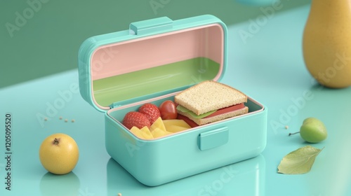 A Teal Lunchbox Contains A Sandwich And Fruit photo