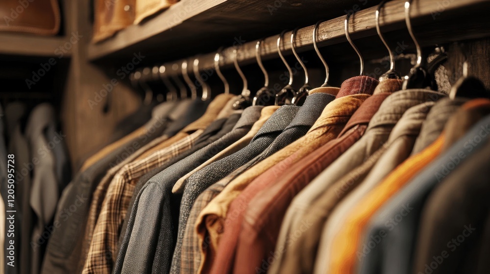 Fototapeta premium Perfectly Organized Closet with Neatly Hung Clothes in Elegant Setting