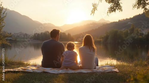 A family of three sitting on a blanket near a lake at sunset, enjoying a picnic in nature surrounded by a beautiful landscape of mountains, a lake, and trees.