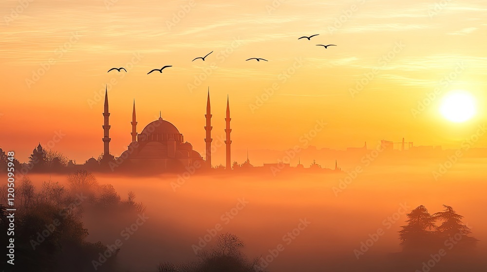 Naklejka premium Mosque Silhouette Sunrise Misty Landscape