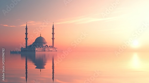 Serene Mosque at Sunset Over Calm Waters