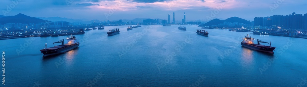 Naklejka premium Container ships navigating tranquil harbor at dusk marine landscape aerial view serene atmosphere