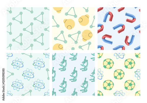 Science seamless pattern with molecules, atoms, magnets and microscopes in flat style