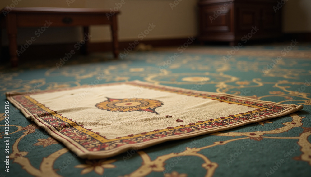 Close-up of intricate prayer mat texture in quiet room, tranquility Close-up of intricate prayer mat texture in quiet room, tranquility