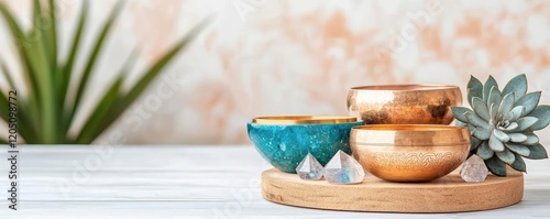 Mindful living concept. A calming sound bath session with crystal bowls in a tranquil studio setting