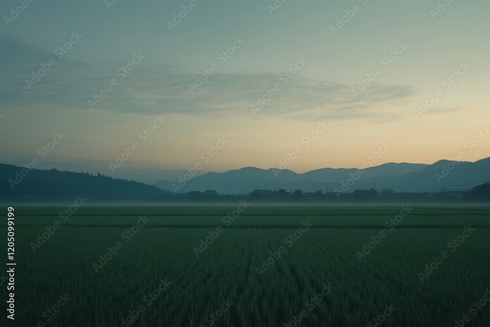 Naklejka premium Tranquil Morning View of Mountains and Fields
