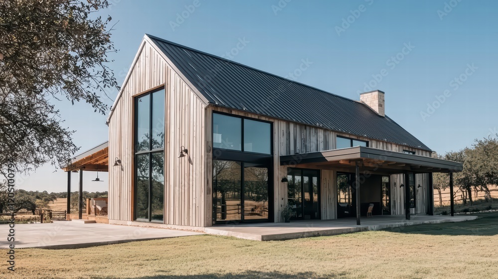 Modern Farmhouse Architecture: A stunning modern farmhouse with a sleek black roof and expansive windows, perfectly blending rustic charm with contemporary elegance. Modern Farmhouse Architecture: A stunning modern farmhouse with a sleek black roof and expansive windows, perfectly blending rustic charm with contemporary elegance.