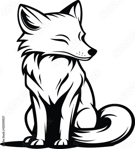 Sitting fox with bushy tail. Black and white line art illustration. Realistic forest animal theme for coloring book design. Flat illustration.
