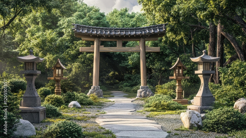 Serene Japanese Garden Pathway with Torii Gate Serene Japanese Garden Pathway with Torii Gate