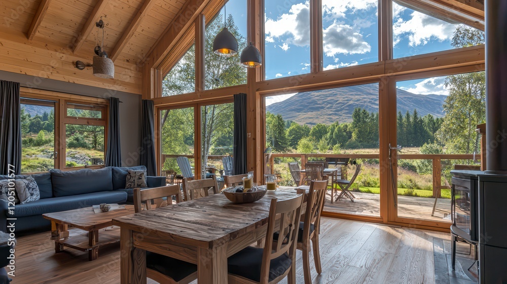 Obraz premium Mountain View Retreat: A cozy living space bathed in natural light, with a rustic wooden dining table and plush sofa.