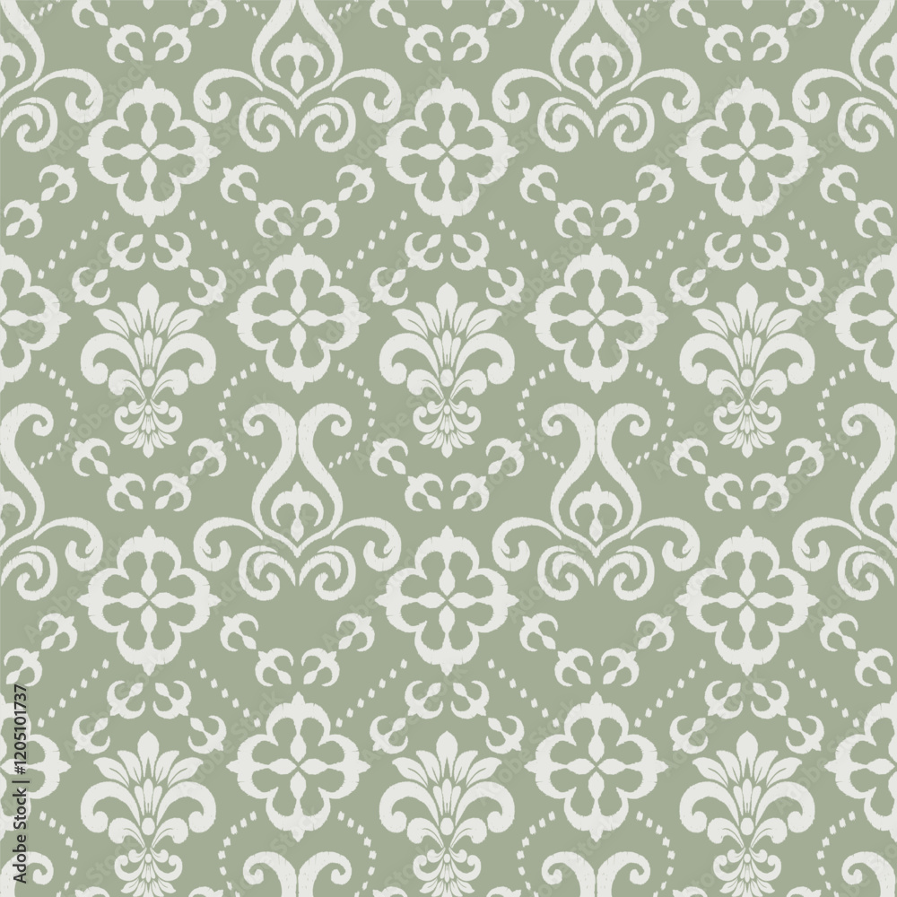 Contemporary green classic ikat pattern. Vector abstract ikat damask motif seamless pattern. Classic ikat damask pattern use for fabric, textile, home decoration elements, upholstery, wrapping, etc. Contemporary green classic ikat pattern. Vector abstract ikat damask motif seamless pattern. Classic ikat damask pattern use for fabric, textile, home decoration elements, upholstery, wrapping, etc.