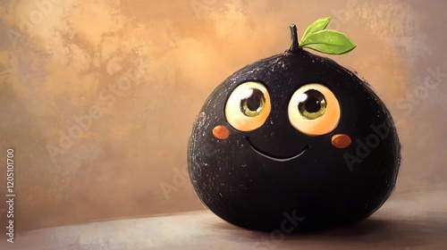 A black sapote with cute cartoon eyes and a joyful expression on a soft brown background photo