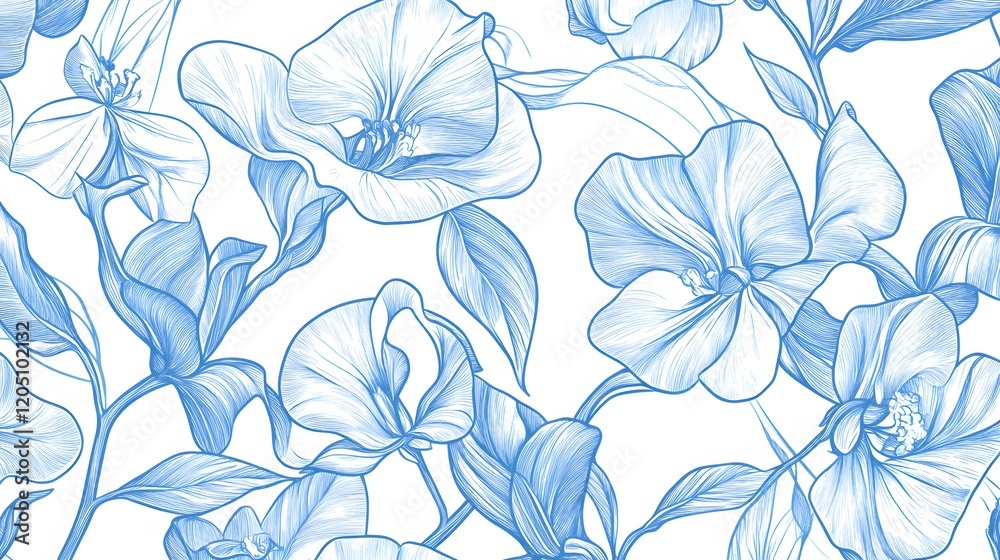 Fototapeta premium Delicate Blue Floral Pattern Seamless Design