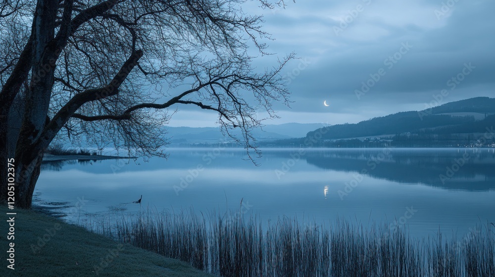 Serene lake landscape under a crescent moon at twilight Serene lake landscape under a crescent moon at twilight