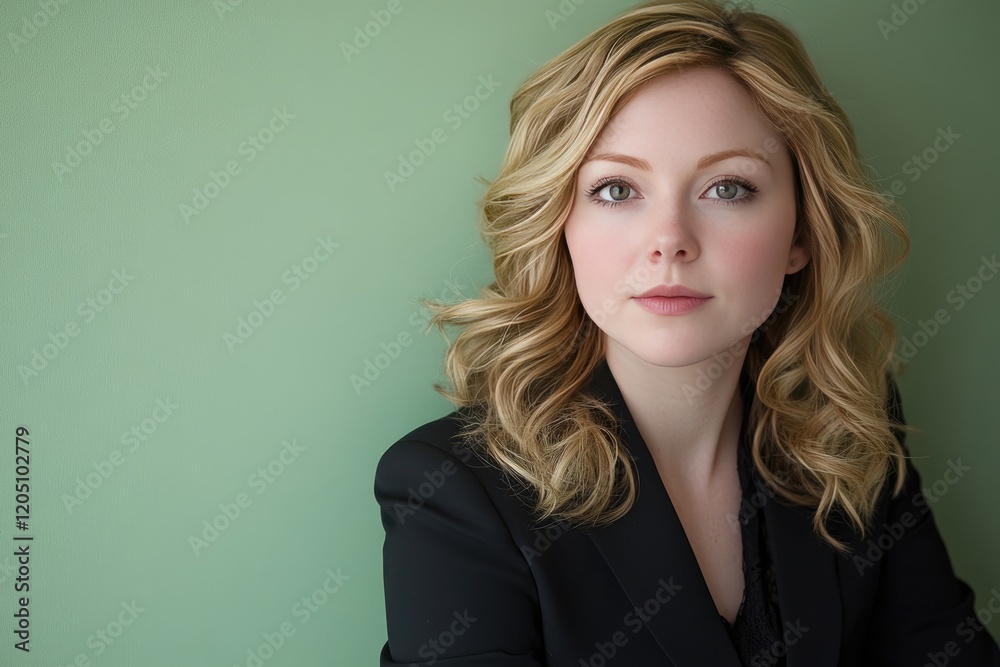 Fototapeta premium Portrait of Professional Woman in Black Jacket Against Green Background