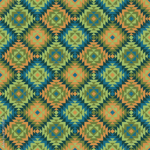 geometric ornament. ethnic carpet. vector seamless pattern. repetitive background. patchwork fabric swatch. wrapping paper. continuous print. textile design template. green, blue, orange colors