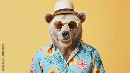 This is an image of a bear wearing a straw hat, sunglasses, and a floral shirt. The bear is standing against a solid yellow background. photo