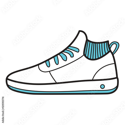 Hand Drawing of White and Blue Woman’s Sneaker with Fresh and Stylish Vibes: A crisp drawing of white and blue sneakers with sleek lines and fresh, stylish details.