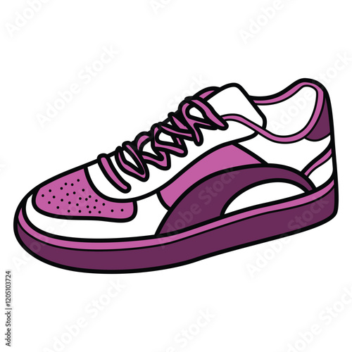 Hand Drawing of White and Purple Woman’s Sneaker with Bold and Modern Style: A striking illustration of white and purple sneakers featuring bold accents and an edgy, modern design.
