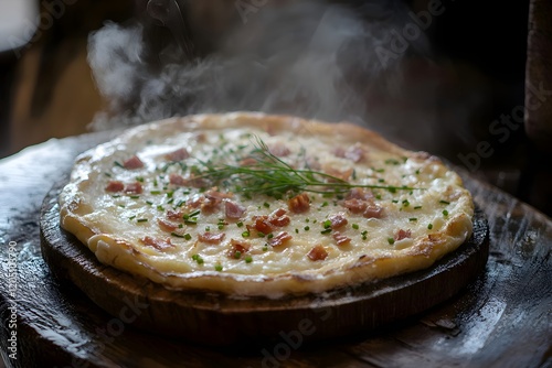 Zoom on a traditional tarte flambée's crisp edge, rich cream, onions, and lardons photo