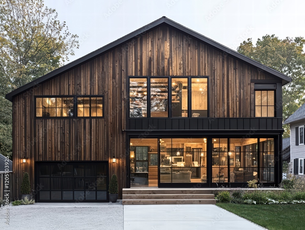 Modern Farmhouse Exterior: A stunning modern farmhouse with dark wood siding, large black-framed windows, and a sleek garage door. The warm lighting inside creates a inviting atmosphere. Modern Farmhouse Exterior: A stunning modern farmhouse with dark wood siding, large black-framed windows, and a sleek garage door. The warm lighting inside creates a inviting atmosphere.