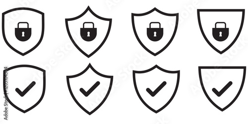 Print  Security shield icons, security shields logotypes with check mark and padlock. Safety shield symbols. 1176