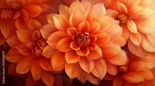 Vibrant orange dahlias bloom beautifully in a lush garden setting.