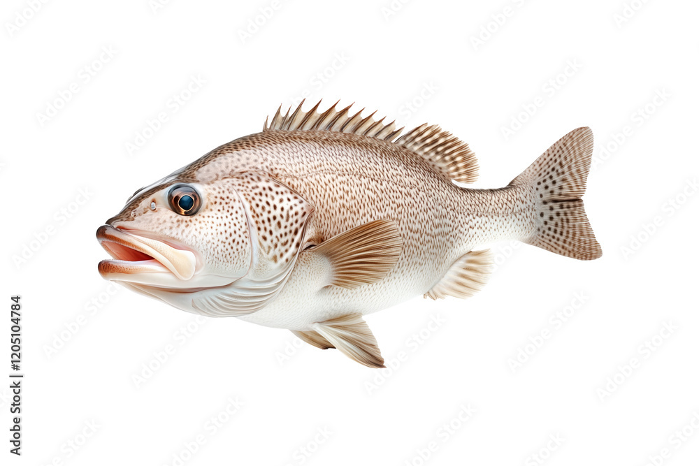 Grouper fish with white spots and intricate fin details isolated on white transparent background, concept of aquatic wildlife Grouper fish with white spots and intricate fin details isolated on white transparent background, concept of aquatic wildlife