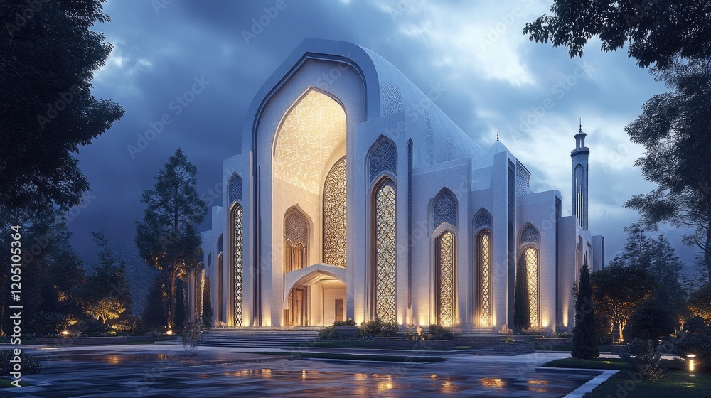 Fototapeta premium Modern Mosque Architecture Illuminated At Dusk