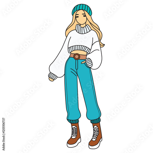 Hand Drawing of Stylish Woman in Hat, White Crop Sweater, and Blue Jeans: A chic portrait capturing a stylish woman in a hat, white crop sweater, and blue jeans, radiating effortless modern elegance.