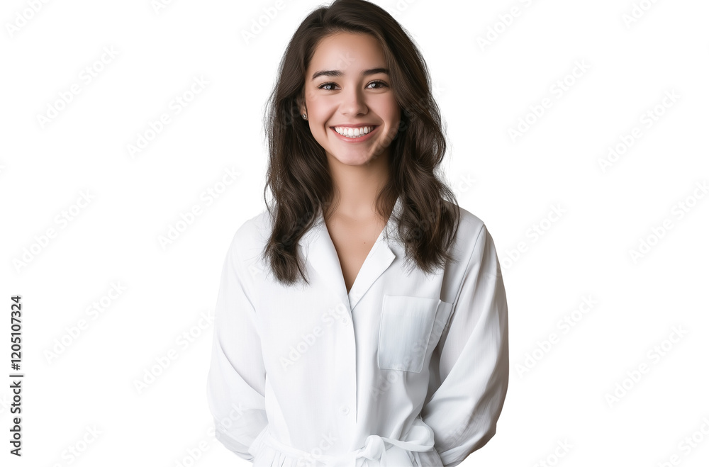 A beautiful young woman with dark brown hair, wearing a white shirt and pants, stands in front of a transparent background A beautiful young woman with dark brown hair, wearing a white shirt and pants, stands in front of a transparent background