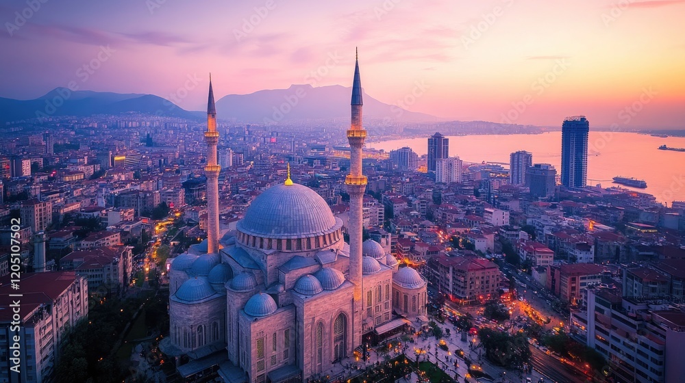 Fototapeta premium Majestic Mosque at Sunset Over Cityscape
