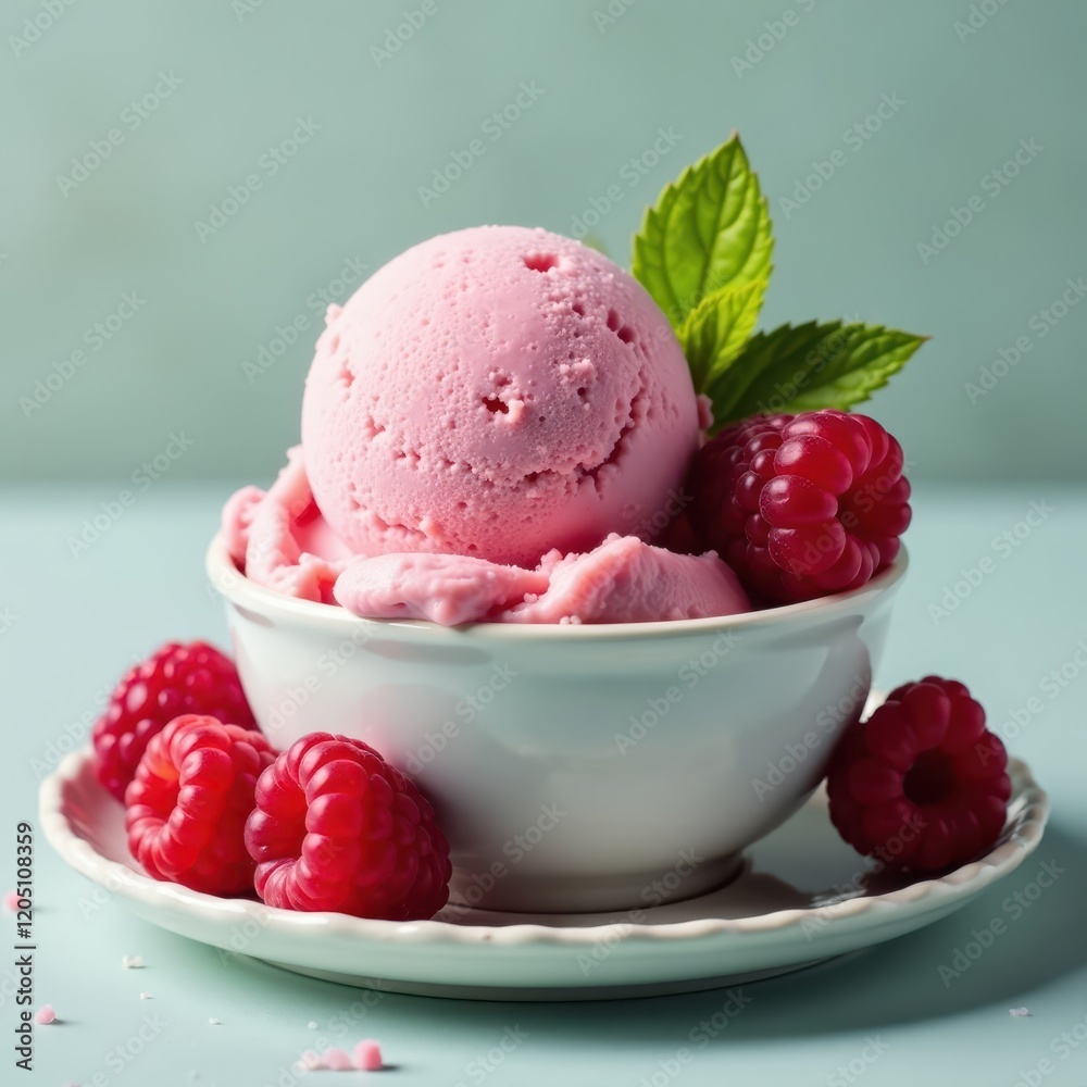 Pink raspberry ice cream scoop, fresh raspberries & mint sprig , background, raspberry ice cream Pink raspberry ice cream scoop, fresh raspberries & mint sprig , background, raspberry ice cream