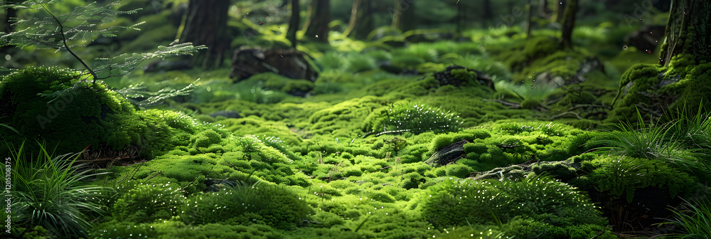 Serene Forest Scene with Lush Moss Blanketing Ancient Stones and Logs, Featuring Woodland Creatures